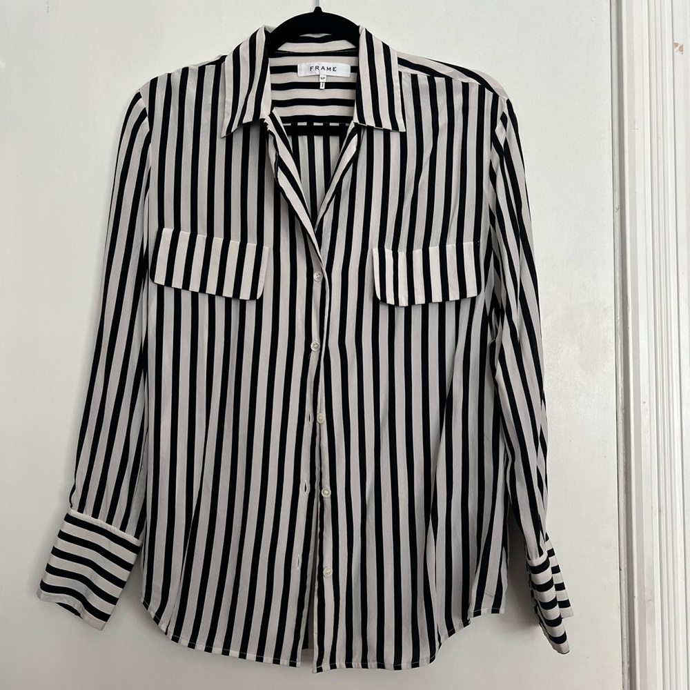 Frame 100% silk black and white striped button up